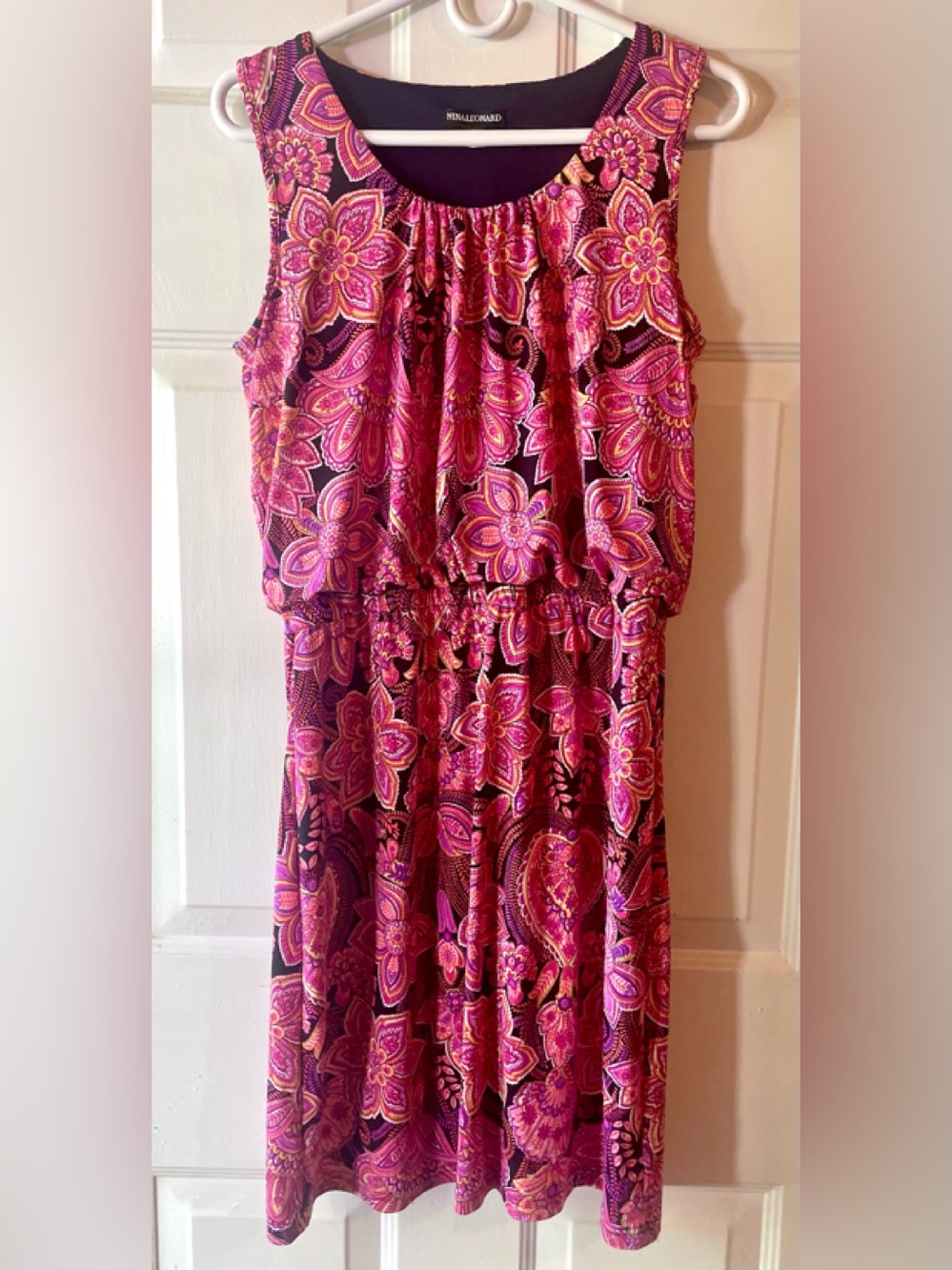 Nina Leonard Fuchsia Pink Purple Boho Floral Gathers Sleeveless Knit Dress Large